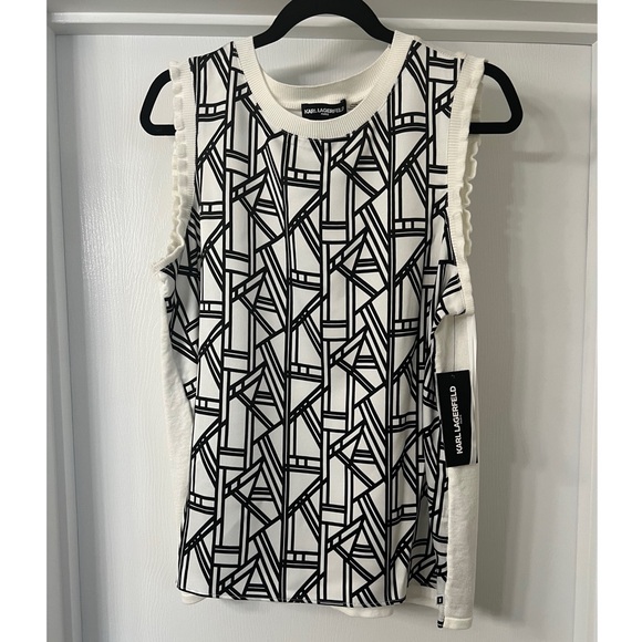 Karl Lagerfeld Paris Geometric Print Mixed Media Ruffle Trim Sleeveless Top - Picture 7 of 12